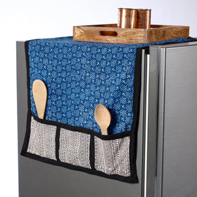 Blue Block Printed Cotton Fridge Top Cover with Multiple Pockets