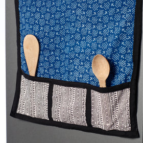 Blue Block Printed Cotton Fridge Top Cover with Multiple Pockets