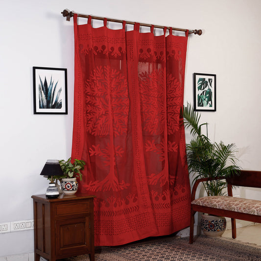 Red - Applique Tree Cutwork Cotton Door Curtain from Barmer (7 x 3.5 feet) (single piece)