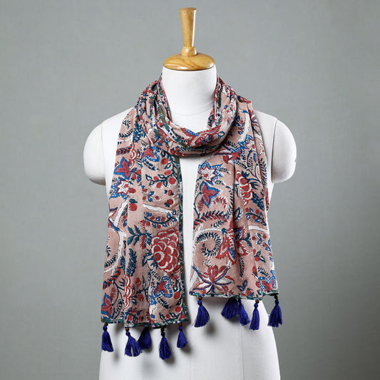 Brown - Sanganeri Block Printed Cotton Stole with Tassels