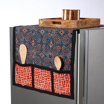 Ajrakh Block Printed Cotton Fridge Top Cover with Multiple Pockets
