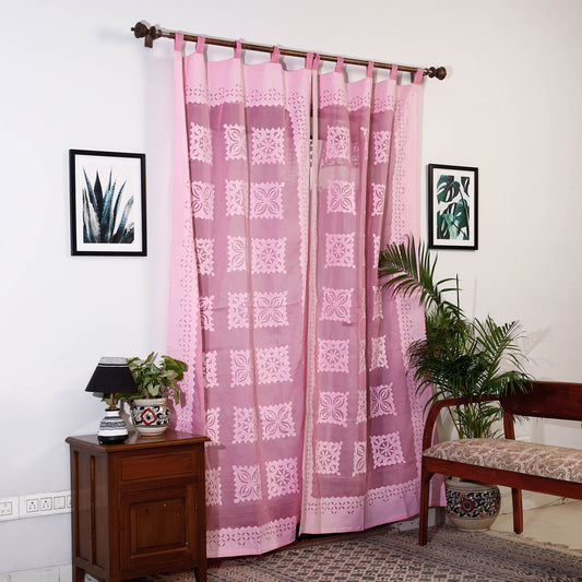 Pink - Applique Square Cutwork Cotton Door Curtain from Barmer (7 x 3.5 feet) (single piece)