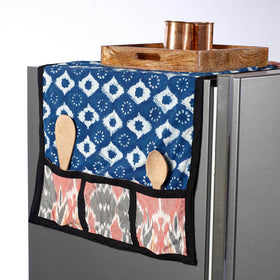 Blue Block Printed Cotton Fridge Top Cover with Multiple Pockets