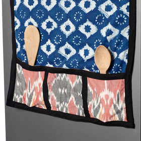 Blue Block Printed Cotton Fridge Top Cover with Multiple Pockets