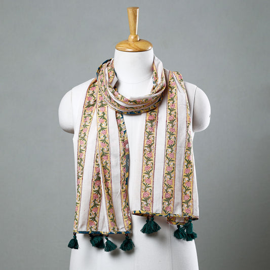 Multicolor - Sanganeri Block Printed Cotton Stole with Tassels