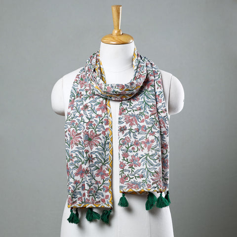  Sanganeri Block Printed Cotton Stole with Tassels Online at iTokri.com
