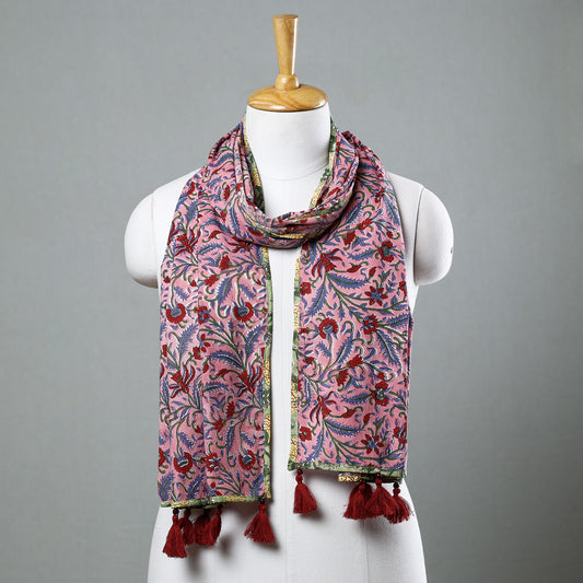 Pink - Sanganeri Block Printed Cotton Stole with Tassels