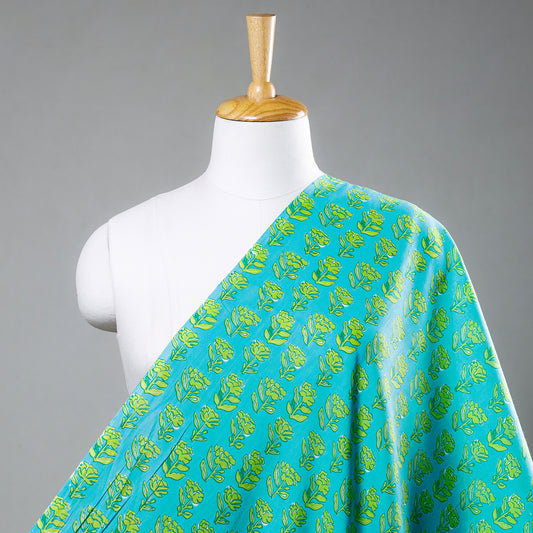 Turquoise Blue With Green Butta Sanganeri Printed Cotton Fabric