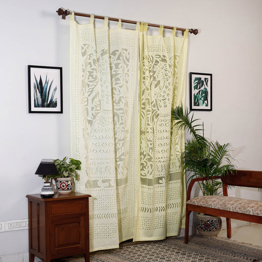 Yellow - Applique Queen Cutwork Cotton Door Curtain from Barmer (7 x 3.5 feet) (single piece)