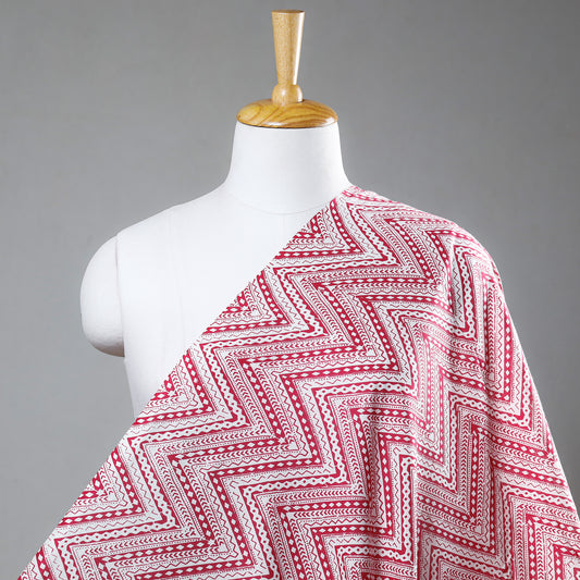 Cherry Red Filled Chevron Pattern Sanganeri Printed Cotton Fabric
