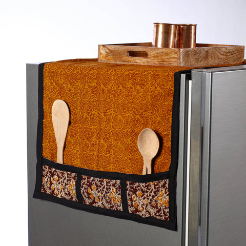 Orange Bagh Block Printed Cotton Fridge Top Cover with Pockets