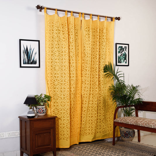 Yellow - Applique Flower Cutwork Cotton Door Curtain from Barmer (7 x 3.5 feet) (single piece)