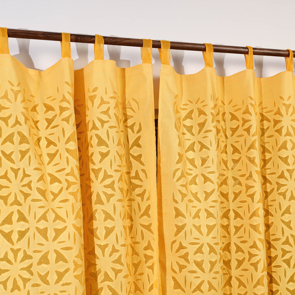 Yellow - Applique Flower Cutwork Cotton Door Curtain from Barmer (7 x 3.5 feet) (single piece)