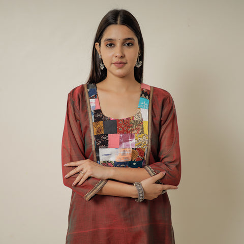 Maroon - Dharwad Mercerised Cotton Straight Kurta with Patchwork 12