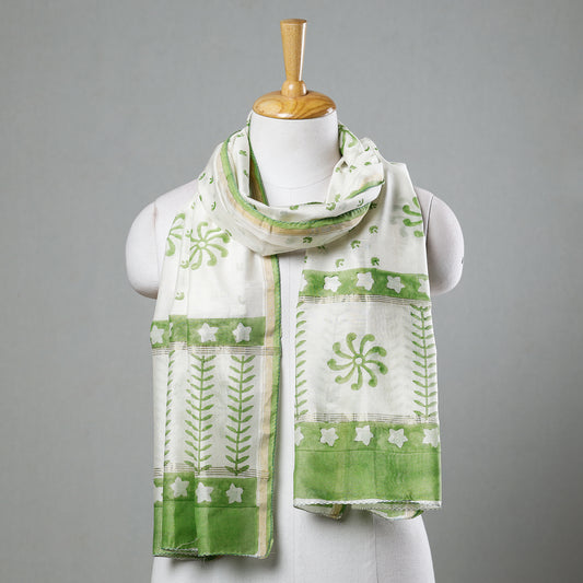 Green - Sanganeri Block Printed Chanderi Silk Handloom Stole with Zari Border
