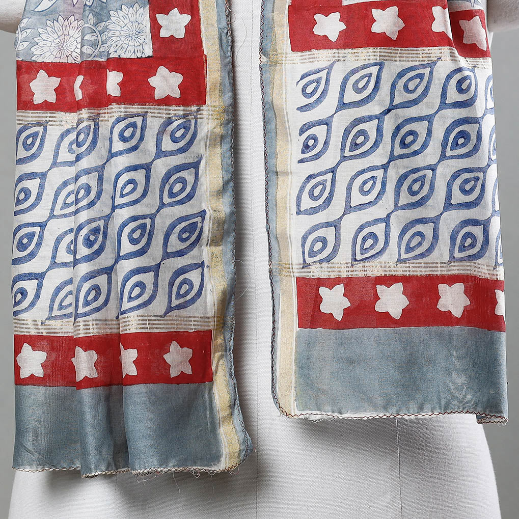 Grey - Sanganeri Block Printed Tagai Work Cotton Stole