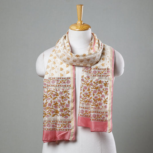 Pink - Sanganeri Block Printed Chanderi Silk Handloom Stole with Zari Border