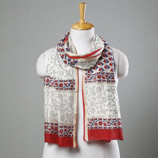 White - Sanganeri Block Printed Chanderi Silk Handloom Stole with Zari Border