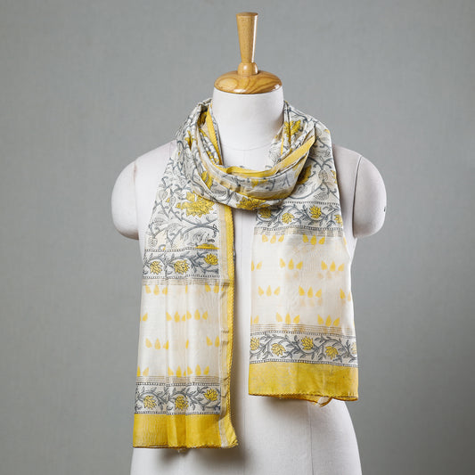 Yellow - Sanganeri Block Printed Chanderi Silk Handloom Stole with Zari Border