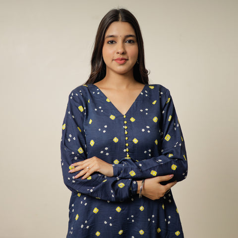 Navy Blue - Bandhani Tie-Dye Cotton A-Line Kurta 04