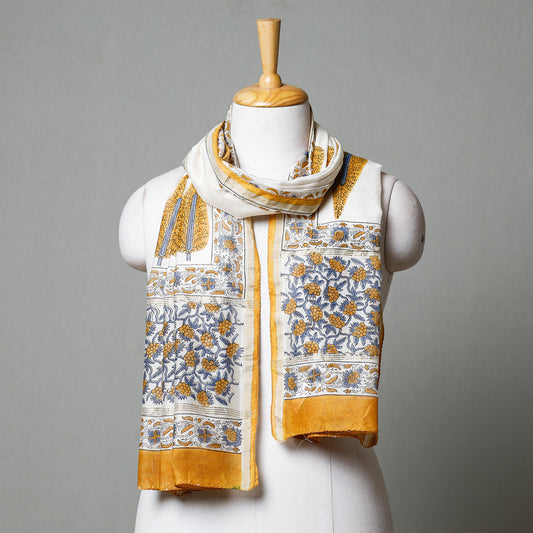 Yellow - Sanganeri Block Printed Chanderi Silk Handloom Stole with Zari Border