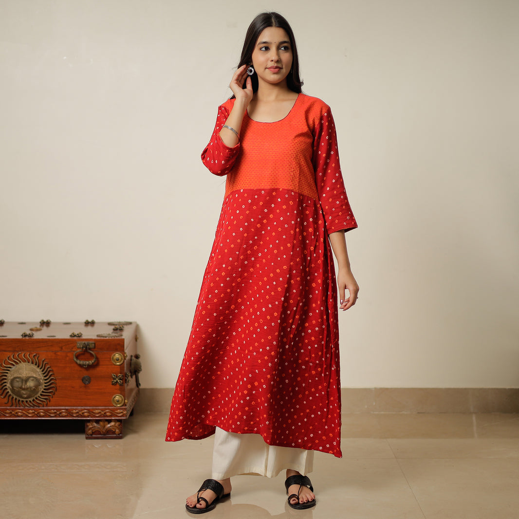 Brown - Bandhani Tie-dye Cotton Long Straight Kurta main image 0
