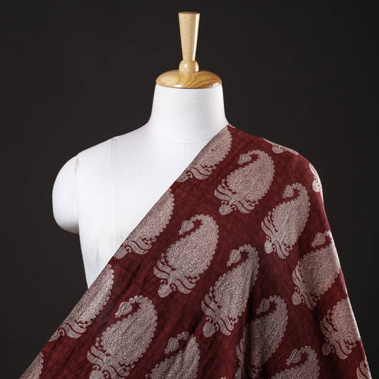 Maroon - Bagh Block Printed Pure Merino Wool Handloom Fabric