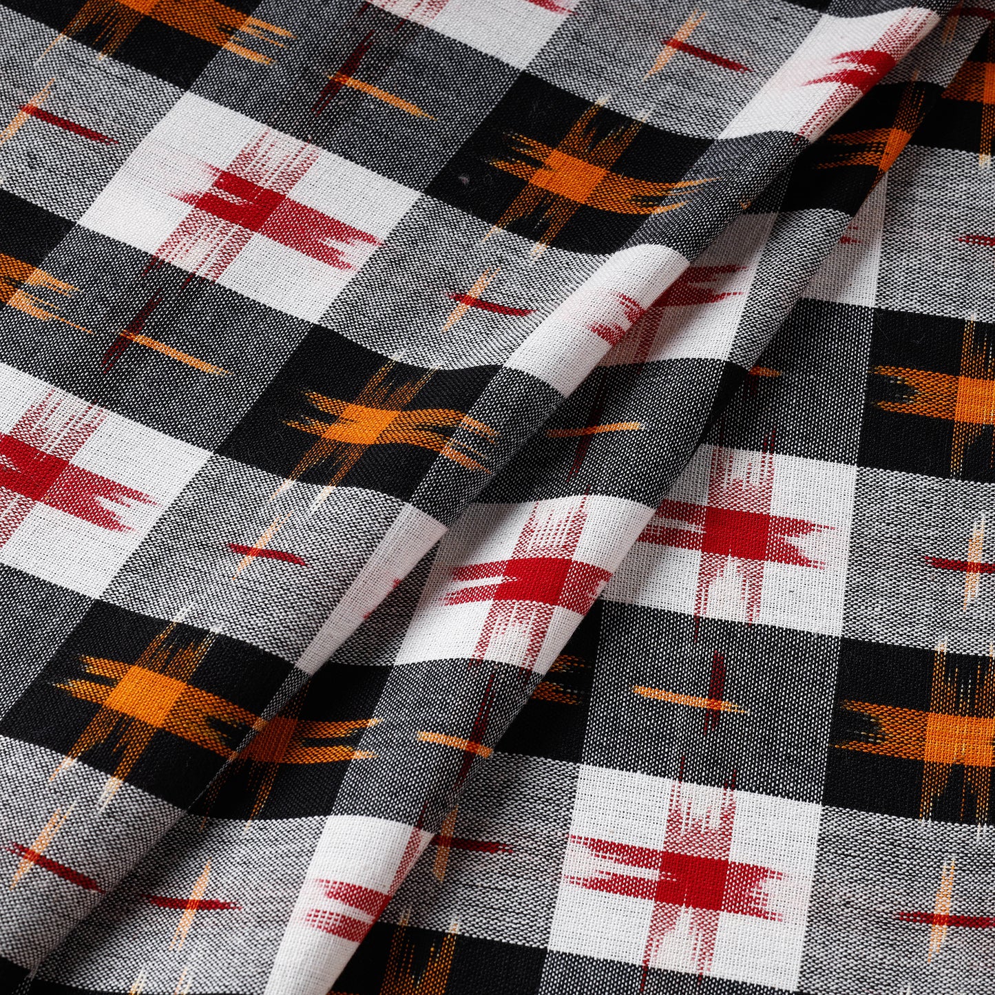 Black & White Checkered Pochampally Double Ikat Handloom Cotton Fabric