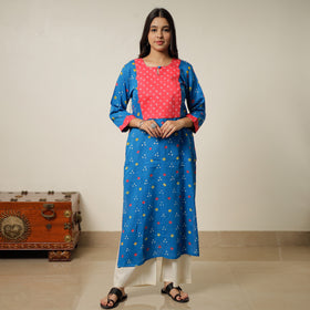 Buy Bandhani Tie-dye Cotton Long Straight Kurta for Women