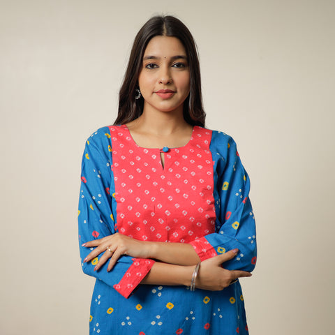 Buy Bandhani Tie-dye Cotton Long Straight Kurta for Women