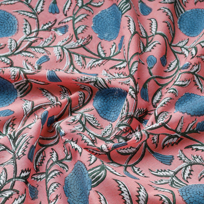 Blue Marigold On Dark Peach Sanganeri Block Printed Cotton Fabric