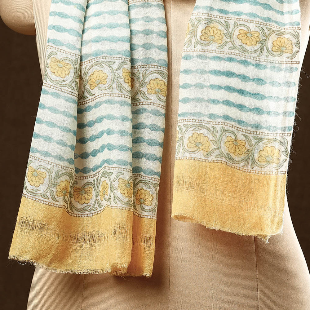 Yellow - Pure Wool Sanganeri Block Printed Stole