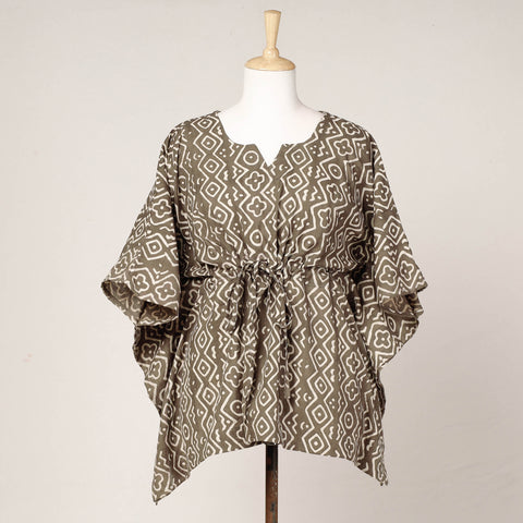 Brown - Pipad Block Printed Cotton Kaftan with Tie-Up Waist (Short)
