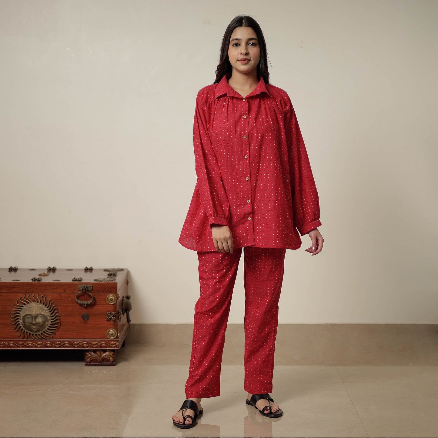 Red - Jacquard Cotton Co-Ord Set  02