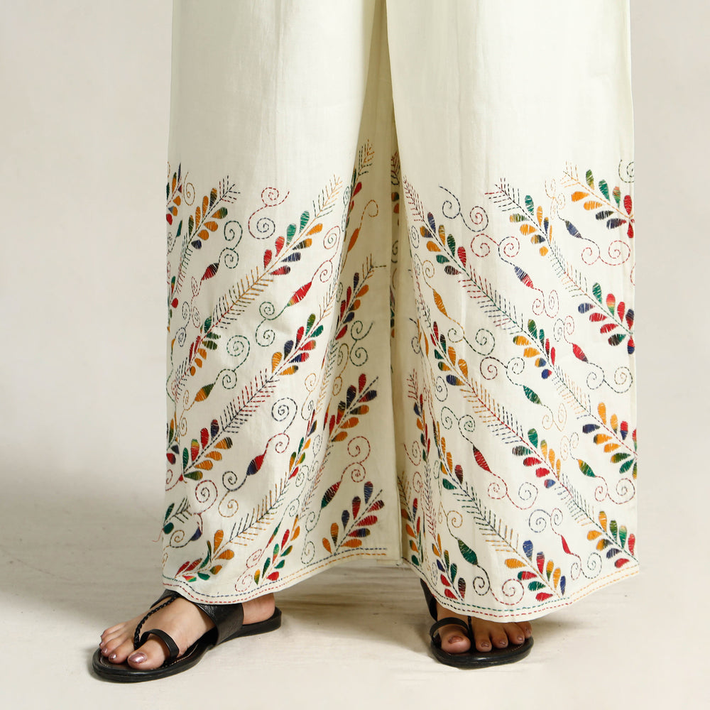 White - Bengal Kantha Embroidered Pure Cotton Palazzo 09