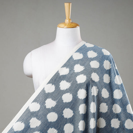 Blue With Big White Circles Pochampally Double Ikat Handloom Cotton Fabric