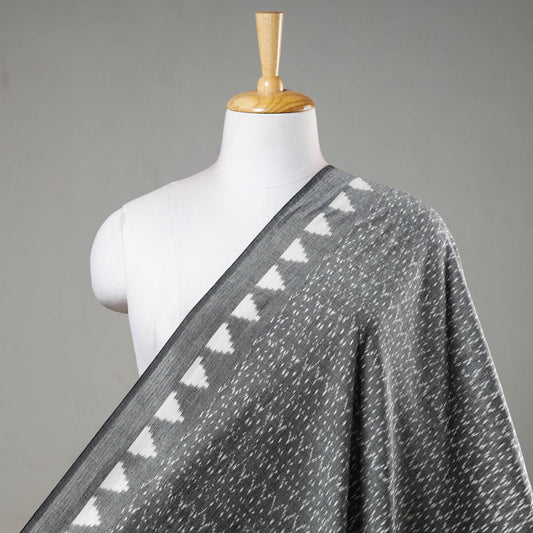 White Triangle Bordered Grey Pochampally Double Ikat Handloom Cotton Fabric
