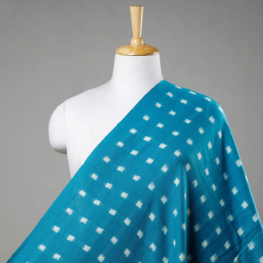 Blue - Cerulean With Blocks Pochampally Double Ikat Handloom Cotton Fabric