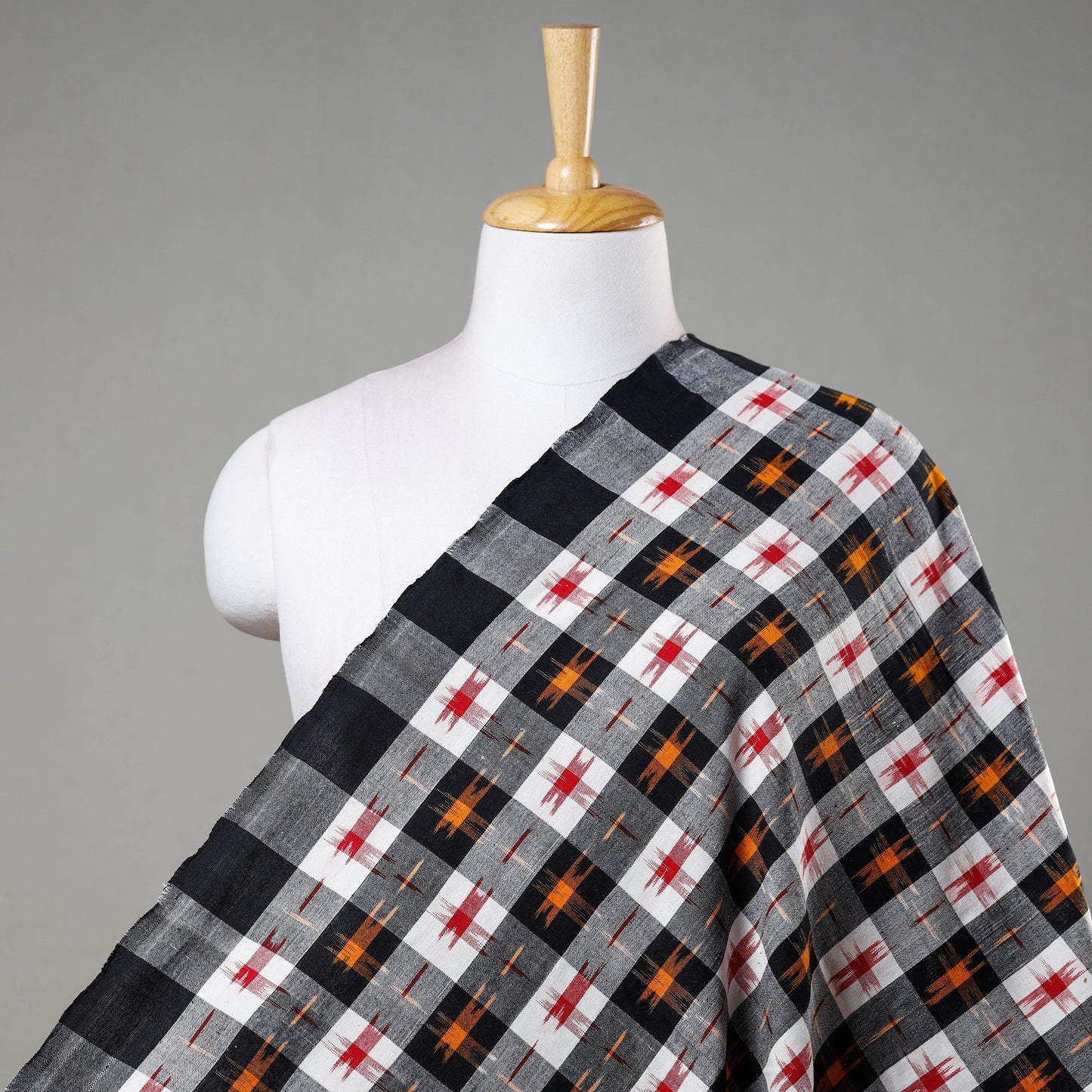 Black & White Checkered Pochampally Double Ikat Handloom Cotton Fabric