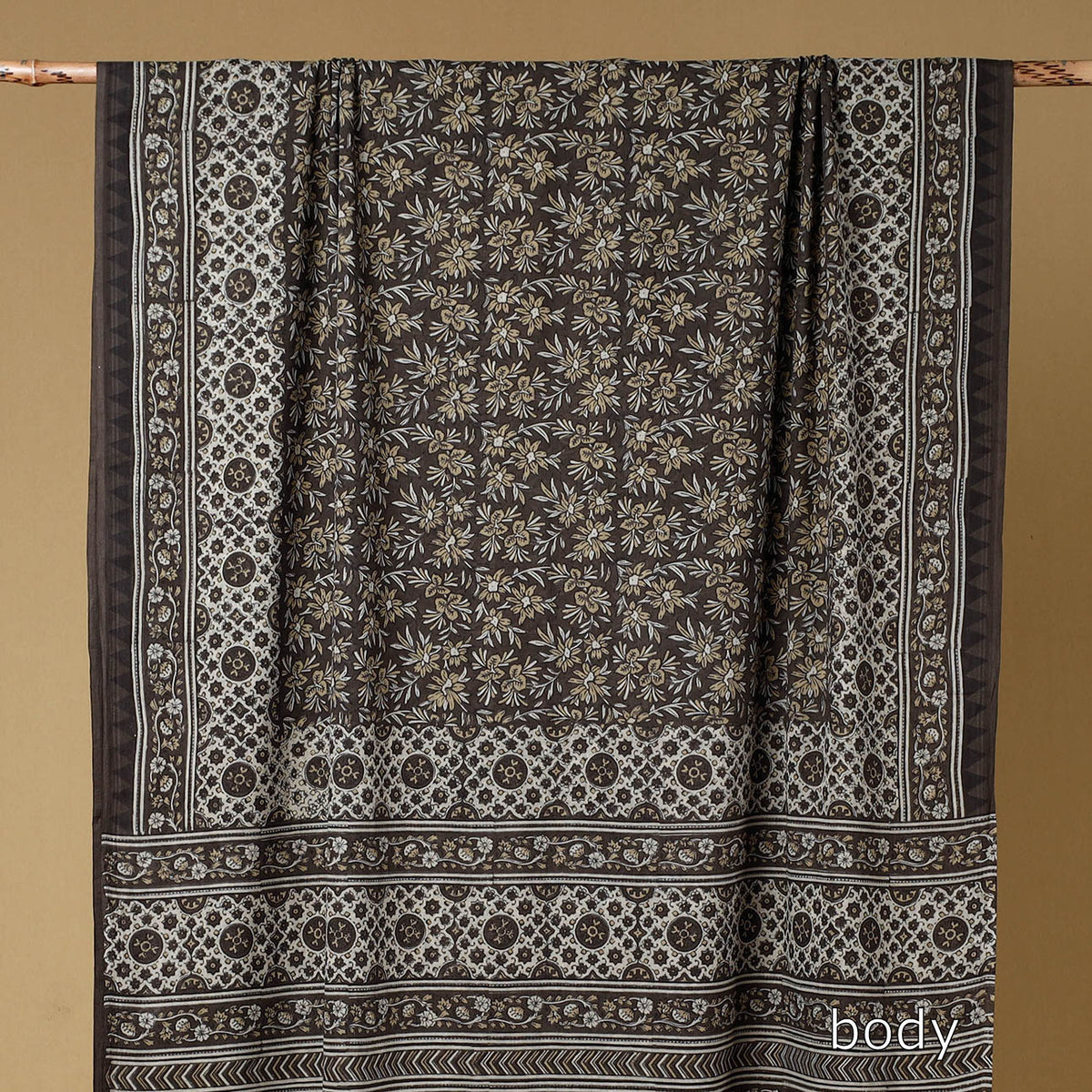 Brown - ajrakh block printed mul cotton saree with tassels