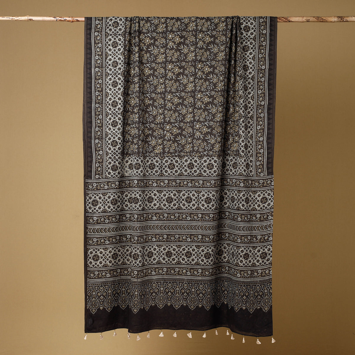 Brown - ajrakh block printed mul cotton saree with tassels