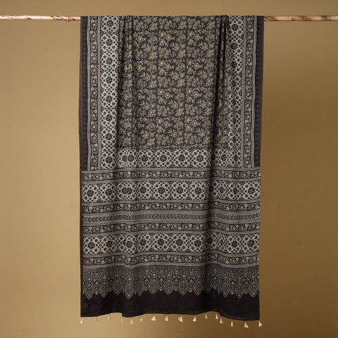 Brown - ajrakh block printed mul cotton saree with tassels