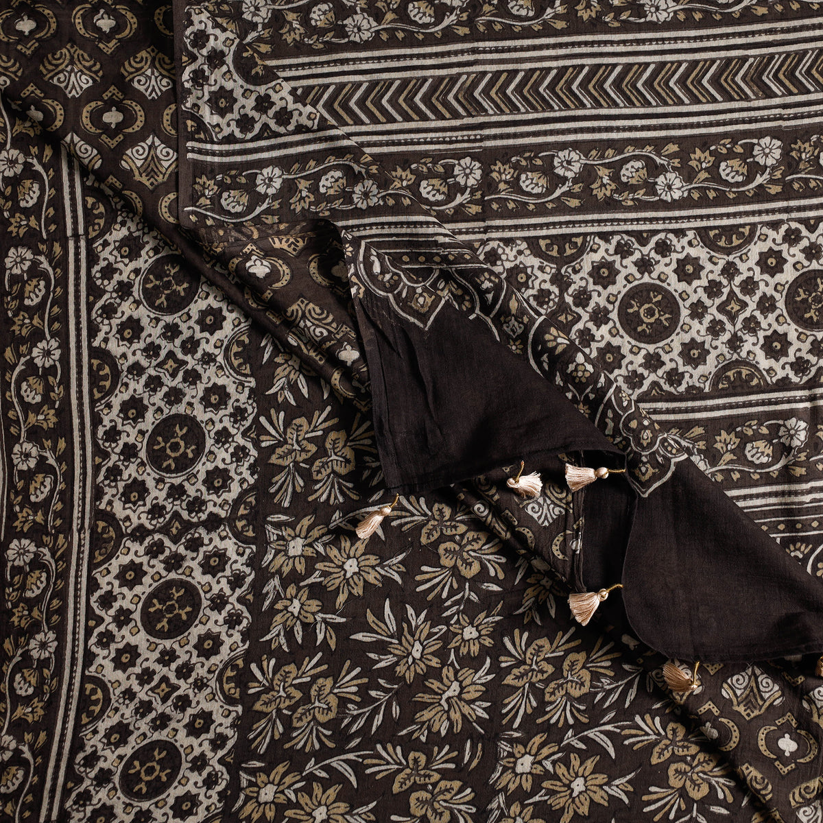 Brown - ajrakh block printed mul cotton saree with tassels