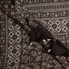 Brown - ajrakh block printed mul cotton saree with tassels