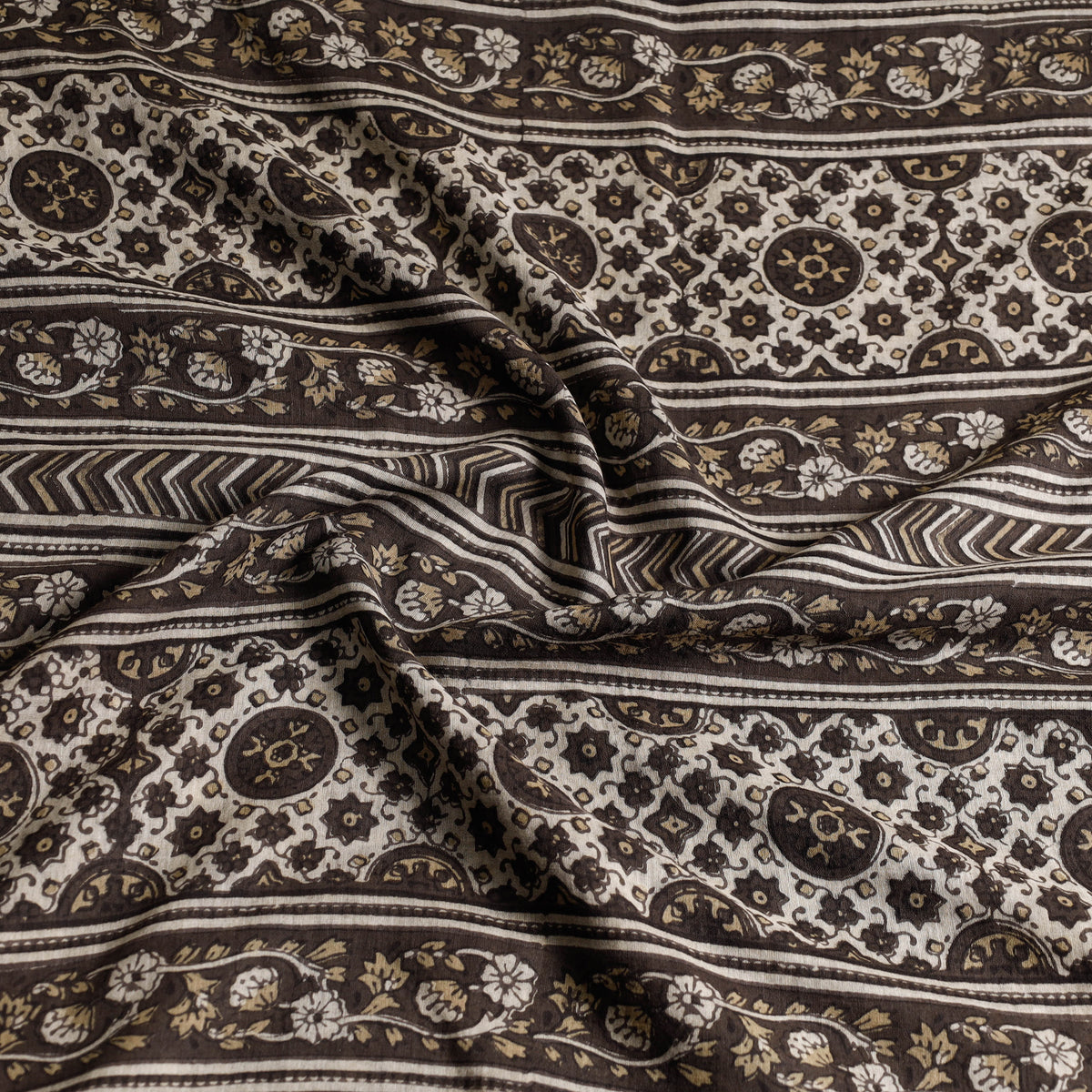 Brown - ajrakh block printed mul cotton saree with tassels