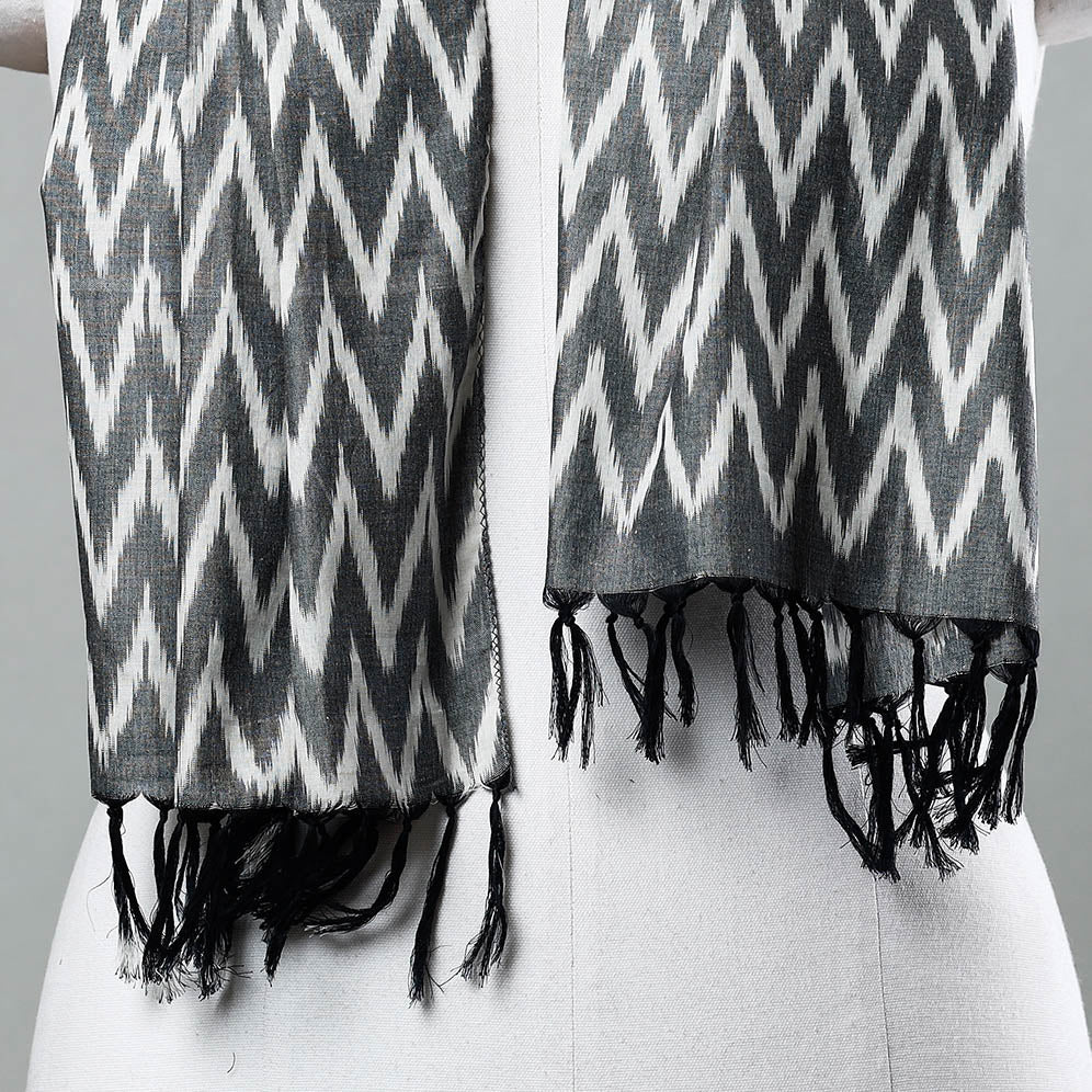 Grey - Pochampally Ikat Mercerized Cotton Stole with Tassels