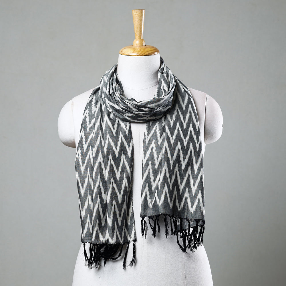 Grey - Pochampally Ikat Mercerized Cotton Stole with Tassels