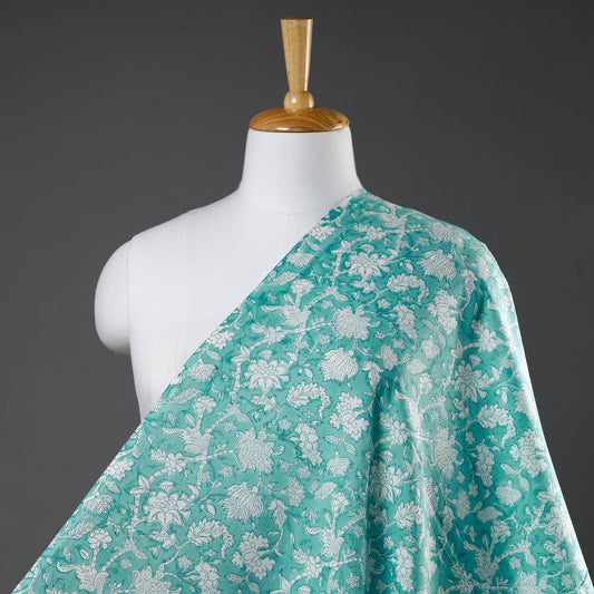 Green - White Blooming Flower Forage Outline Sanganeri Block Printed Cotton Fabric