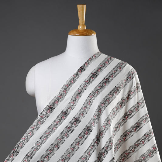 Patterned Stripes On White Sanganeri Block Printed Cotton Fabric