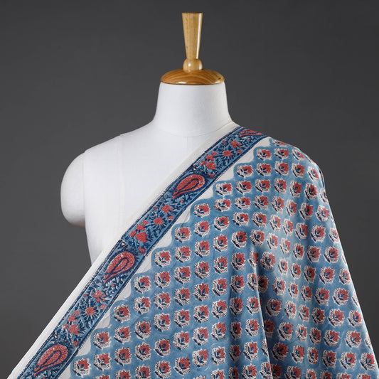 Blue Floral Border & Motifs Sanganeri Block Printed Cotton Fabric